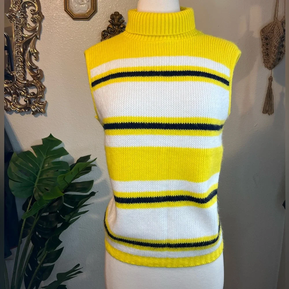 Vintage 60s Elmar Yellow Striped Turtleneck Knit Sweater Vest Small Sunshine - Picture 3 of 6